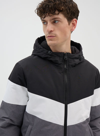 Hooded jacket with block colour pattern