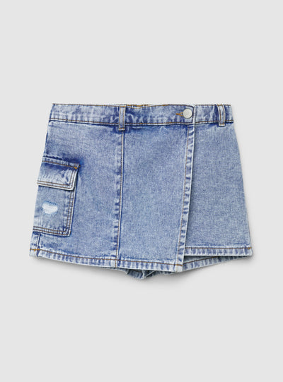 Gonna mini in denim con tasca cargo e strappi