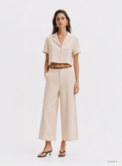 Pantaloni crop effetto lino con cintura