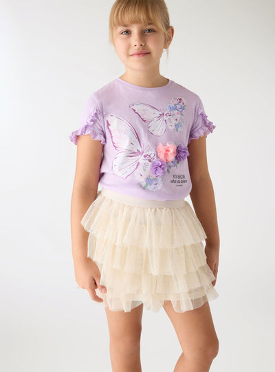 T-shirt con farfalle e applicazioni floreali