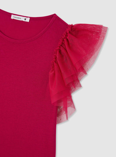 T-shirt con maniche a balze in tulle