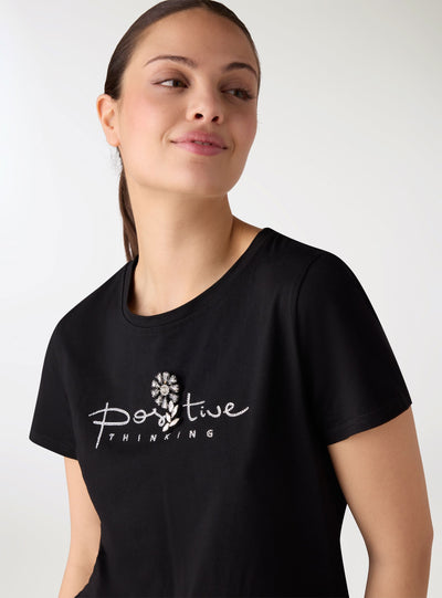 Women's T-shirt with print and eyelet lace trim