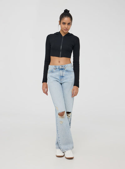 Cardigan crop a costine con cappuccio