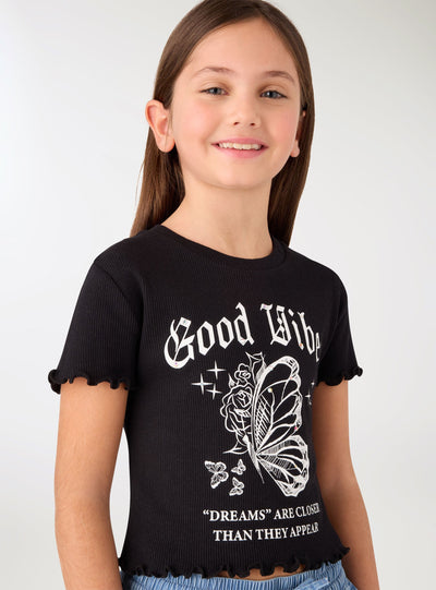 T-shirt con stampa farfalla e scritta