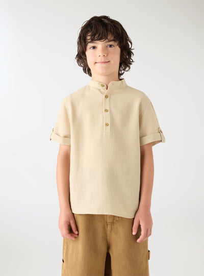 Camicia collo coreano effetto lino