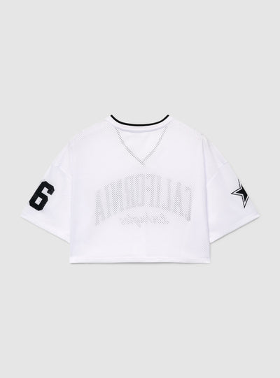 Mesh crop T-shirt with college print