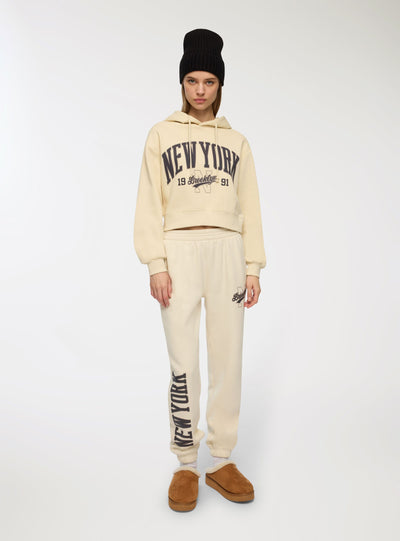 Felpa stampa college crop con cappuccio