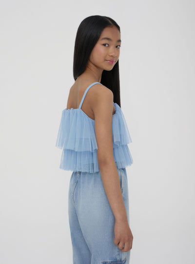 Top in tulle con volant e farfalle