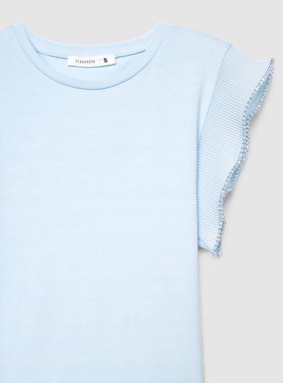 T-shirt aderente con maniche plissé e applicazioni