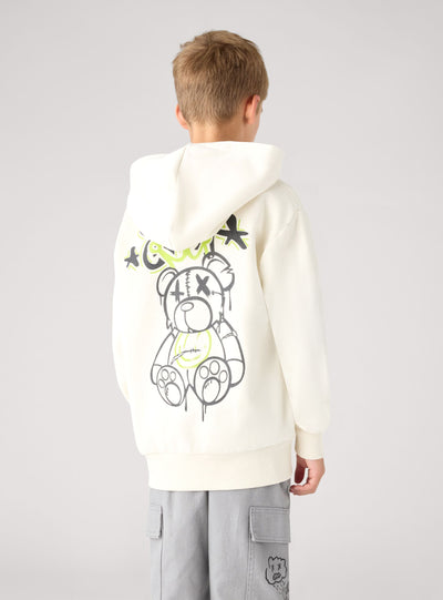 Hooded zip-up sweatshirt with bear print