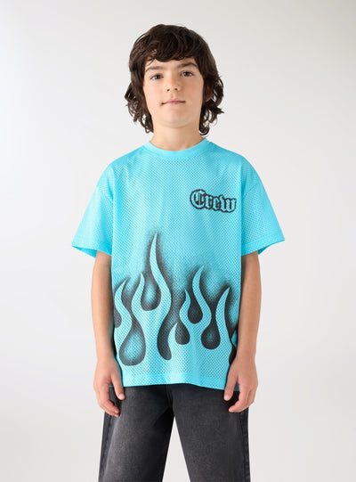 T-shirt con stampa fiamme e scritta