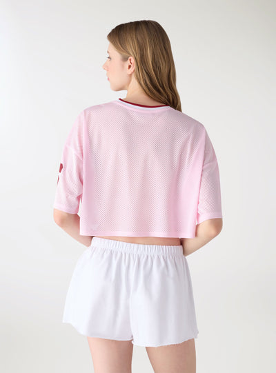 T-shirt crop a rete con stampa college