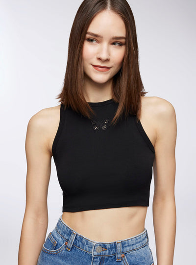 Top crop con scollo americano e ricamo cut-out