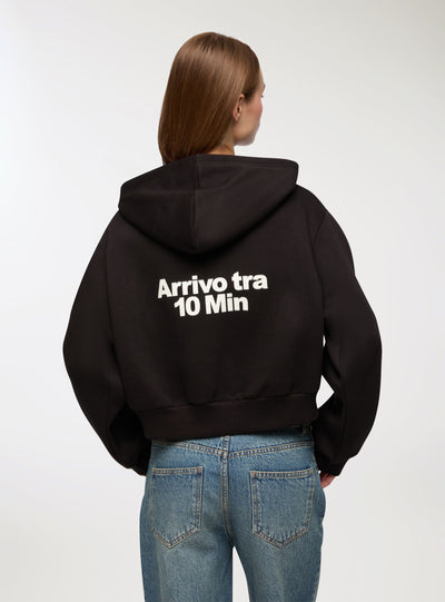 Felpa crop scritta fronte/retro con cappuccio