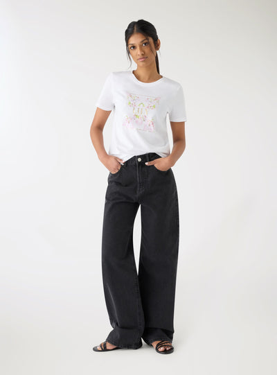 T-shirt con stampa fiori e scritta