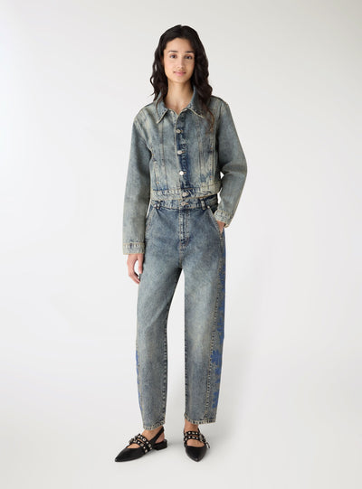 Giacca denim corta con ricamo floreale