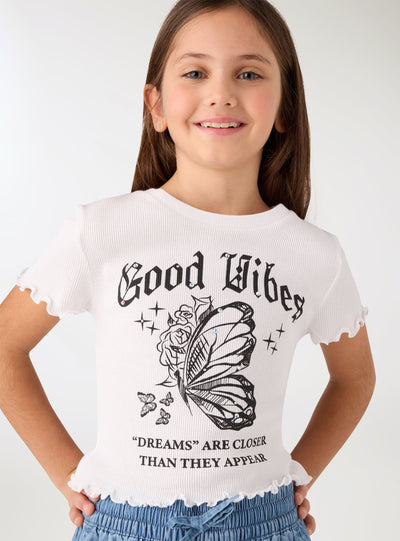 T-shirt con stampa farfalla e scritta