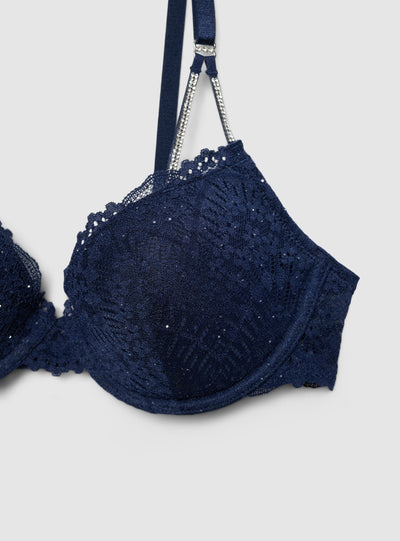 Reggiseno imbottito in pizzo con strass