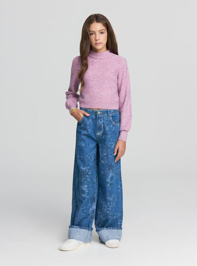 Jeans wide leg con stampa fiori
